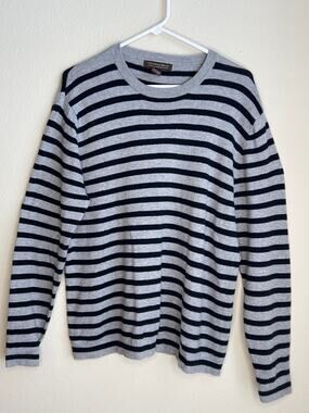 Chatham Road Gray and Black Striped Cotton Cashmere Crewneck Sweater Medium